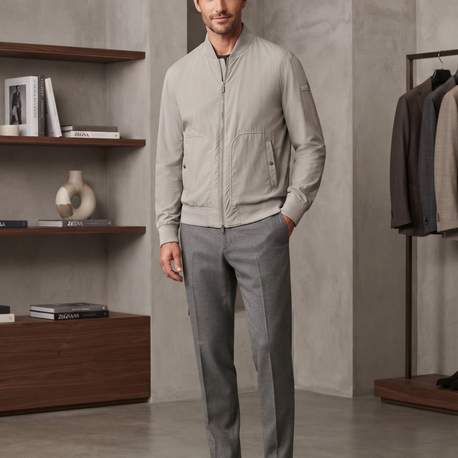 Zegna Premium Açık Gri Fermuarlı Bomber Ceket