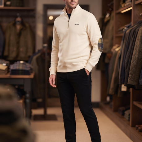 Barbour Dirsek Yamalı Fermuarlı Yaka Erkek Sweatshirt - Krem