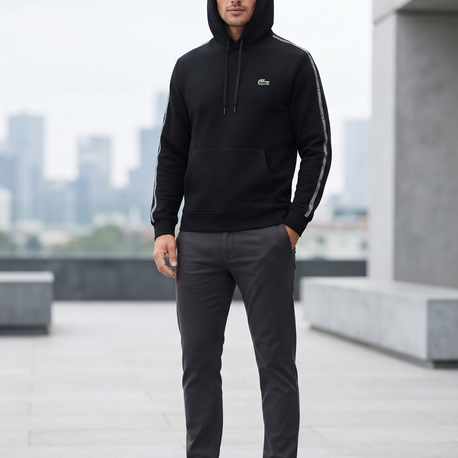 Lacoste Kapüşonlu Kolları Şeritli Erkek Sweatshirt - Siyah