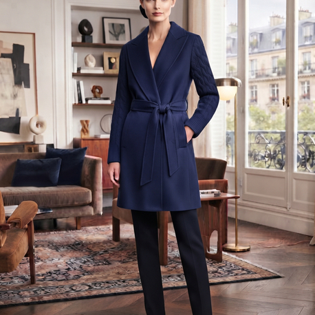 Max Mara Lacivert Kuşaklı ve Triko Kollu Kaşe Kaban / Palto