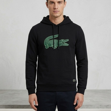 Lacoste Erkek Kapüşonlu Büyük Logo Detaylı Siyah Sweatshirt