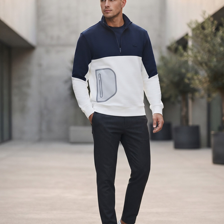 Lacoste Fermuarlı Yaka Renk Bloklu Erkek Sweatshirt - Lacivert/Beyaz