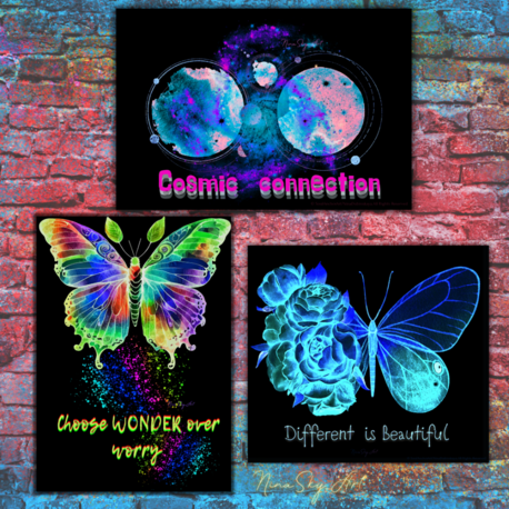 Cyber Goth Neon Butterfly Triptych Set of 3 | SoulAnchor