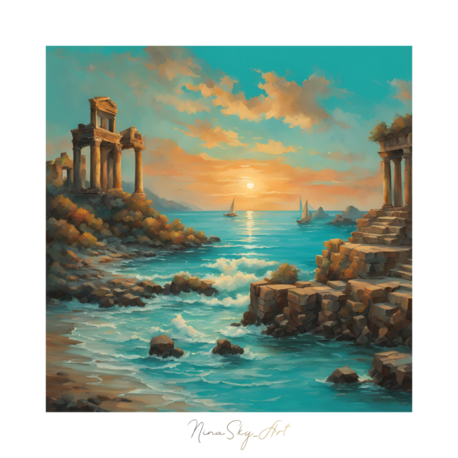Sunset Yachting Near Ancient Ruins Panel 3 — Premium Printable Art