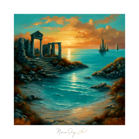 Turquoise Mediterranean Ancient Sunset Panel 4 — Premium Printable Art 