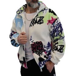 Oversize Kalın Peluş Fermuarlı Grafiti Desenli Sweat Hırka YB-222124 Beyaz