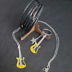 Gitar Kolye, Anahtarlık Ve Deri Bileklik 3lü Set