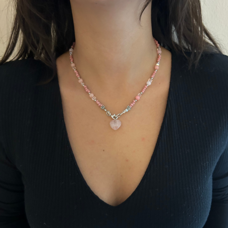 Pembe Kuvars Doğal Taş Kristal Boncuk Silver Aksesuar El Yapımı Minimal Kadın Kolye