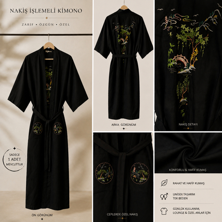 Unisex Siyah Nakışlı Kimono