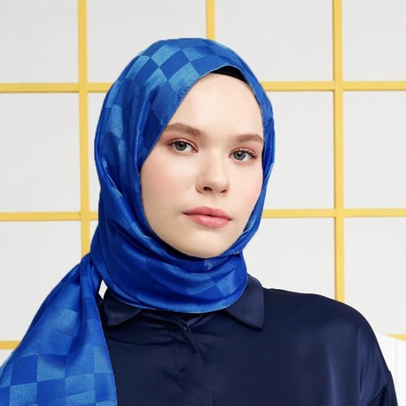 Madame Polo İpeksi Jakar Italyan Şal Dama Desen - Saks Mavisi