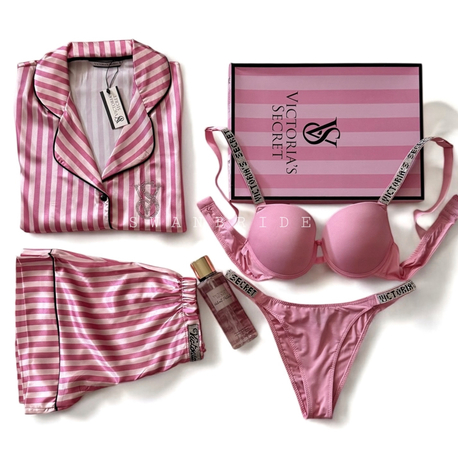 Victoria’s Secret Fuşya Çizgili Kısa Kol Şortlu Saten Tam Set