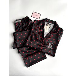 SW0104- Victoria’s Secret Red Heart Uzun Kollu Saten Pijama Takımı