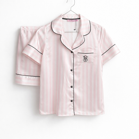 VS Pudra Çizgili Saten Şortlu Pijama Takımı