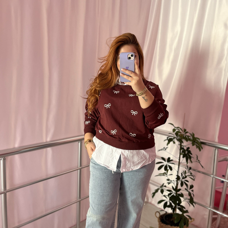 Fiyonk desenli bordo sweat