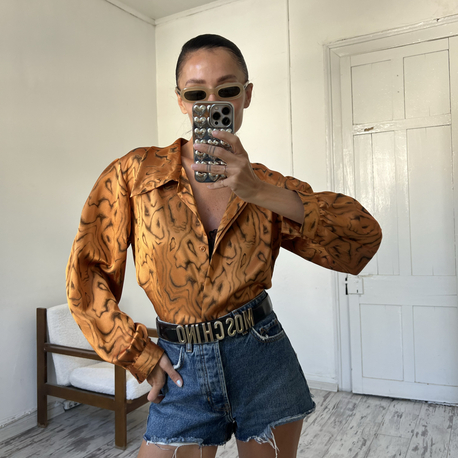 Ribro Satin Touch Gold Abstract Print Premium Gömlek