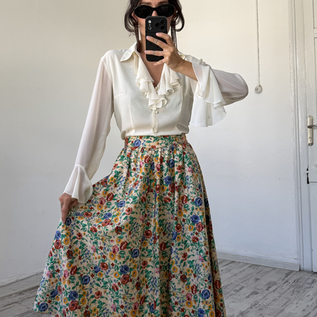 %100 Cotton Dokuma Bavyera Korsajlı Midi Etek