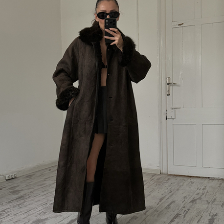 Stille Prestij Leather İtalyan Orjinal Süet Shearling Kaplama Nappa Maxi Kaban
