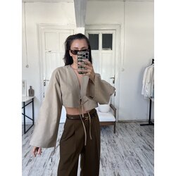 %100 Cotton Bağlama Detaylı Crop Bluz 