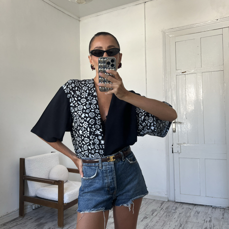 %100 Viscose Alman Floral Print Block Colour Gömlek