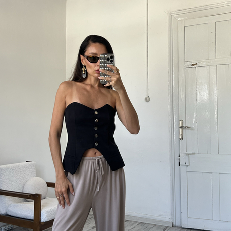 Sıfır Ürün Korsajlı Önden Düğmeli Straplez Bluz