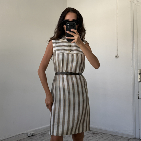 %100 Viscose Dokuma Kemer Detaylı Antika 70s Elbise