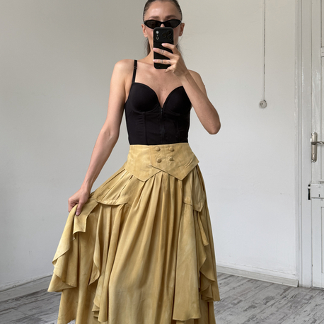 %100 İtalyan Viscose Frill Detaylı Midi Etek