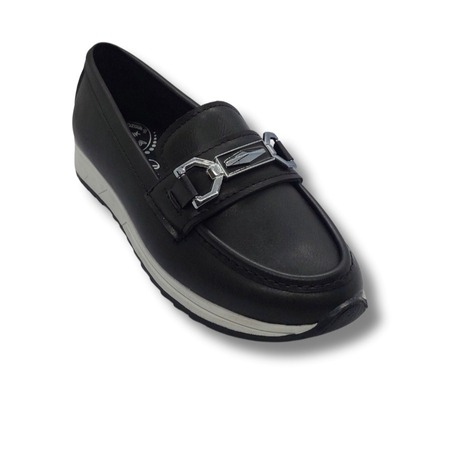 Kadın Siyah Taşlı Tokalı Comfort Loafer Ayakkabı, Rahat Taban, Düz Kadın Babet Ayakkabı