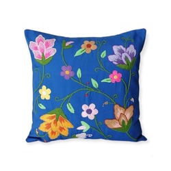 Mavi Kırlent, Meksika Nakışlı Çiçekli Yastık Kılıfı 