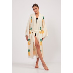 Ananas Desenli Taş Baskılı Pamuklu Kimono