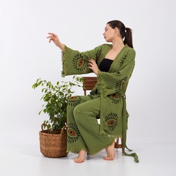 Göz Desenli Taş Baskılı Pamuklu Müslin Kimono Yeşil