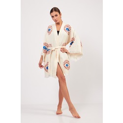 Göz Desenli Taş Baskılı Pamuklu Müslin Kimono