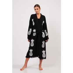 Ananas Desenli Taş Baskılı Pamuklu Kimono Siyah