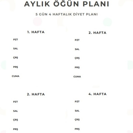 Aylık Öğün/Diyet Programı 5 Gün 4 Hafta