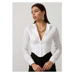 Kadın Crop Gömlek Slim Fit Dar Kesim Beli Lastikli