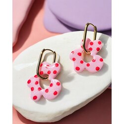 Mix & Match büyük çiçek charm küpe- Pembe kırmızı puantiyeli 