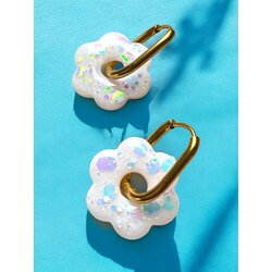 Beyaz glitter- Mini çiçek Çelik Halkalı Küpe