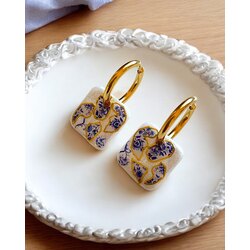 Kintsugi serisi- kare Charmlı Çelik Halkalı Küpe