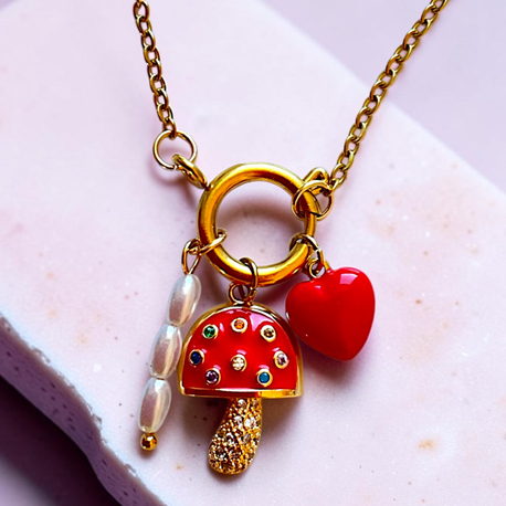 İnci mantar kalp charm kolye 