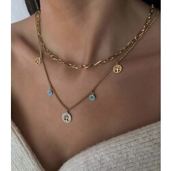 Çelik 2’li yaşam ağacı mavi taşlı zincir kolye