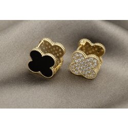 Çift taraflı zirkon taşlı siyah yonca küpe