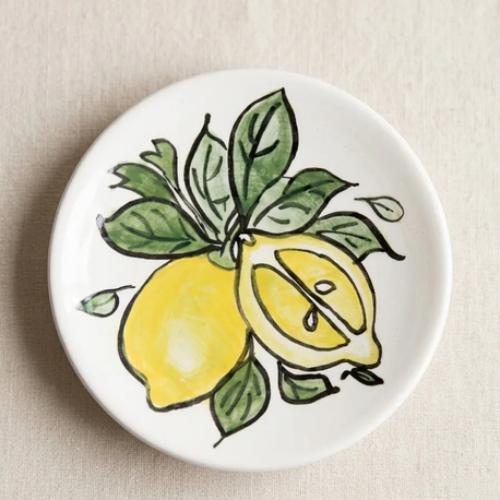 El Boyaması Limon Desenli Seramik Tabak