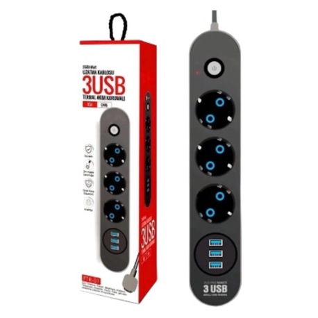 THE WLUE Çoklu 3'LÜ Priz Akım Korumalı 3xUSB 10A 2500 Watt