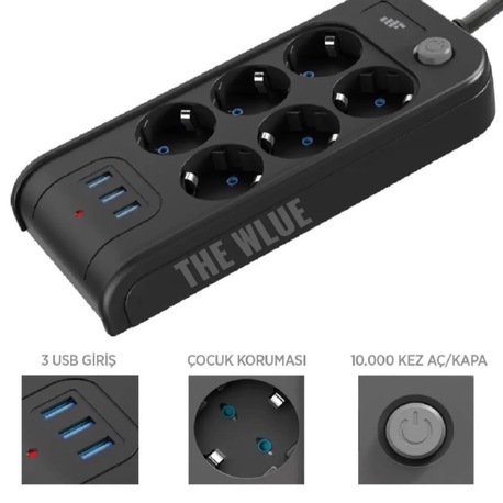 THE WLUE Çoklu 6'lı Priz Akım Korumalı 3xUSB 3.4A 2500 Watt 2 Metre Uzatma Kablosu 