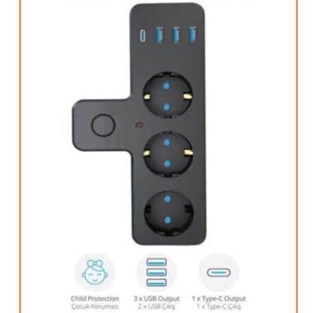  THE WLUE 3'lü Akım Korumalı Priz Çoğaltıcı 2500W 3xUSB 2.4A 1xType-C