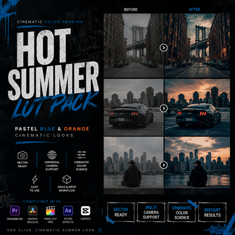 Hot Summer LUT Pack by Grain Dock Studio | Pastel Blue Orange Cinematic Rec709 LUT Collection