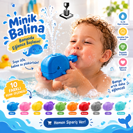 Mini Balina – Üflemeli Su Fışkırtan Çocuk Banyo Oyuncağı | 10 Renk Seçeneği