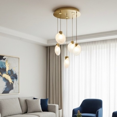 VONA_5Li Midye Opal Cam E14 Duylu LED Ampüllü Spotlu Salon Sarkıt Avize 
