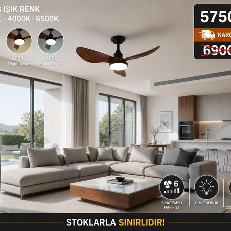 VONA_3Işıklı, LED, 3 Fan Kanat ve Uzaktan Kumandalı,Tavan Tipi Vantilatör Çap.70cm
