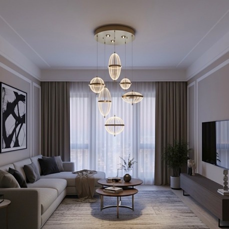 VONA_6Lı Samanyolu 3Işık LED Spotlu Salon Sarkıt Avize Gold Kaplama