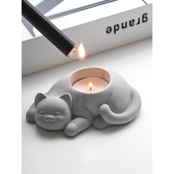 Kedi Tealight Mumluk - Gri (Mum Hediyeli)